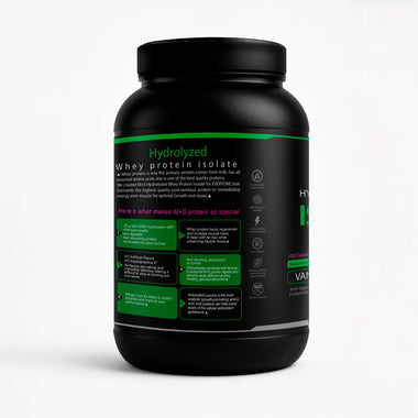 Back label of MPluss Hydrolyzed Whey Protein Isolate Vanilla β supplement facts.