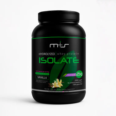 MPluss Hydrolyzed Whey Protein Isolate Vanilla jar β grass-fed protein powder.