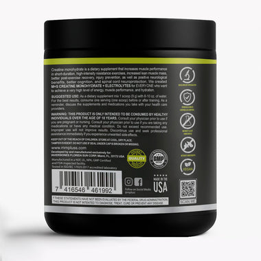 Side label of MPluss Micronized Creatine Monohydrate + Electrolytes, vegan and sugar-free supplement