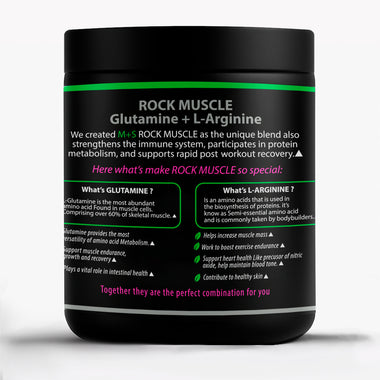 Back label of Rock Muscle amino acids powder β nutrition facts and usage instructions