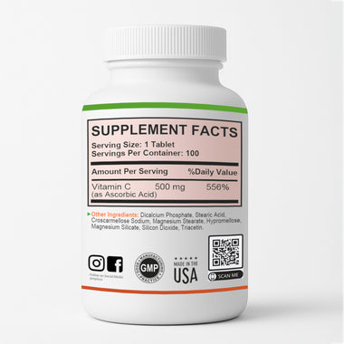 MPluss Vitamin C 500mg supplement β back label with nutrition facts